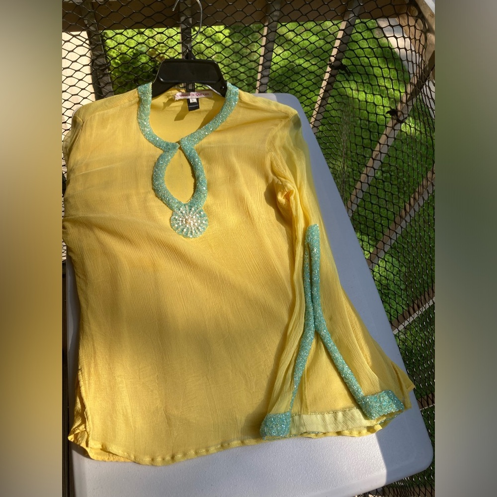 Jeannie Mcqueeny 100% Silk Yellow Blouse Blue Beaded Sunburst & Sleeve Detail - Picture 8 of 17